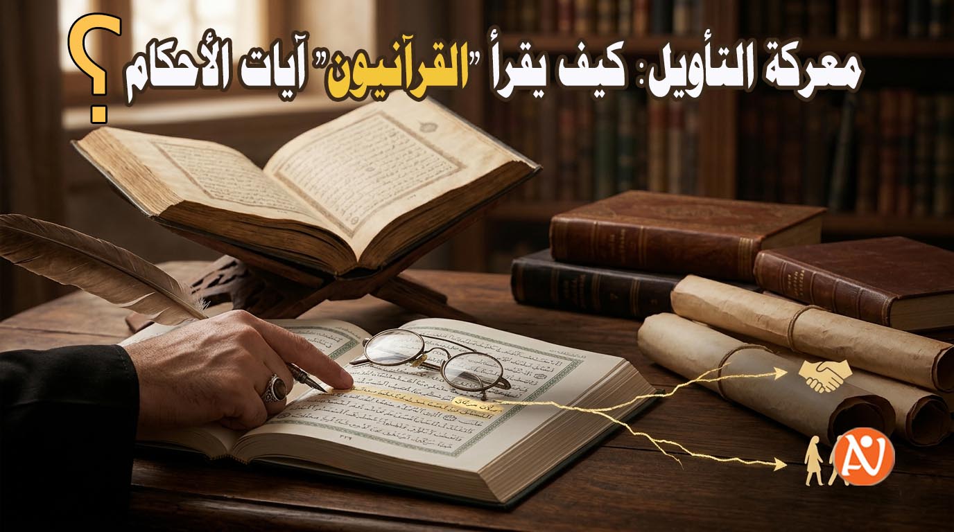 صورة تظهر يد تشير إلى الآية القرآنية في مصحف مفتوح على مكتب خشبي قديم، بينما تتفرع من الآية مسارات ذهبية متباينة تؤدي إلى أيقونات "الصلح" و"الفراق النهائي"، تمثيلاً للتأويلات المختلفة (العدد مقابل المرحلية) في قضايا الطلاق التي يتشدق بها القرآنيون