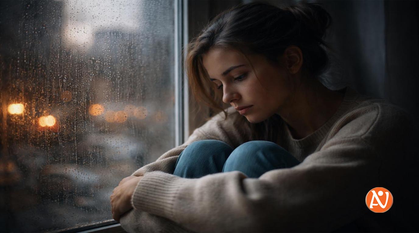 امرأة تجلس قرب نافذة في لحظة صمت وتأمل تعكس مشاعر داخلية مخفية خلف مظهر هادئ