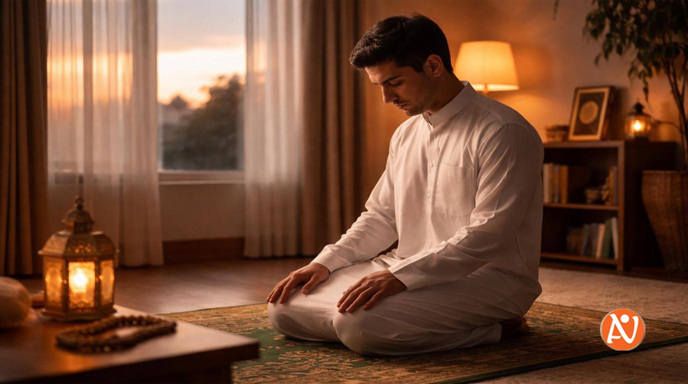 رجل يصلي صلاة الفجر في غرفة هادئة مع ضوء الفجر الخافت، في أجواء روحانية مليئة بالسكينة والخشوع