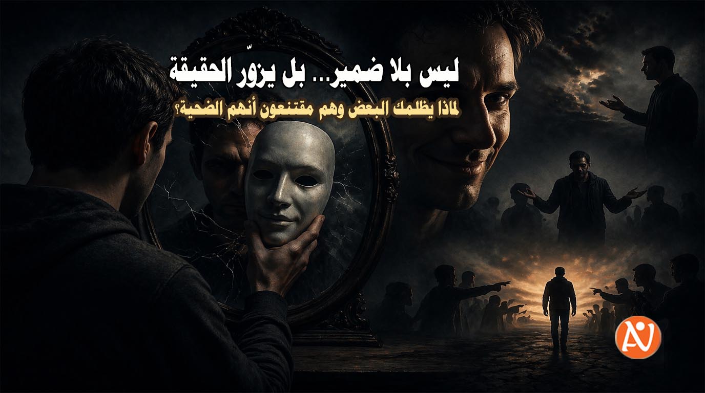 رجل ينظر إلى انعكاسه في مرآة متشققة وهو يحمل قناعًا بلا تعبير، في مشهد مظلم يرمز إلى ازدواجية الشخصية وتزييف الحقيقة والتلاعب النفسي