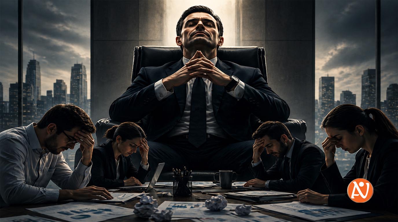 مدير متسلط يهيمن على فريق عمل مرهق في بيئة عمل يسودها الخوف وعدم الثقة وتضارب المعلومات