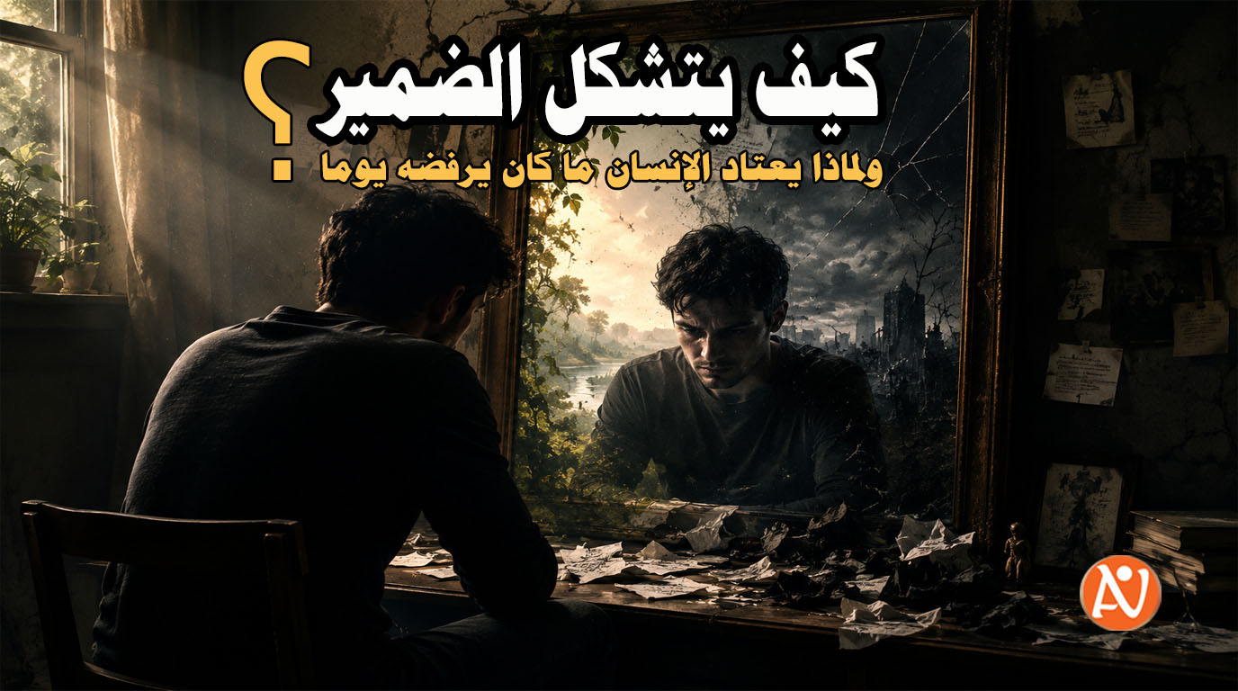 رجل يجلس أمام مرآة في غرفة مظلمة جزئيًا بينما يظهر انعكاسه بملامح مختلفة ترمز لصراع الضمير وتأثير الأفعال المتكررة على النفس.