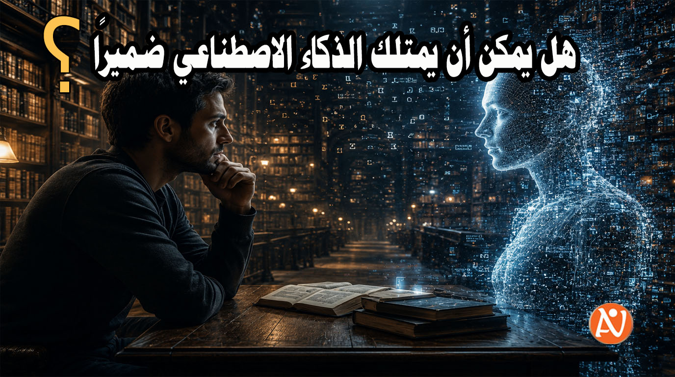 رجل يتحاور مع وجه افتراضي مصنوع من البيانات داخل مكتبة ضخمة ترمز لذاكرة البشر والمعرفة الجمعية للذكاء الاصطناعي.