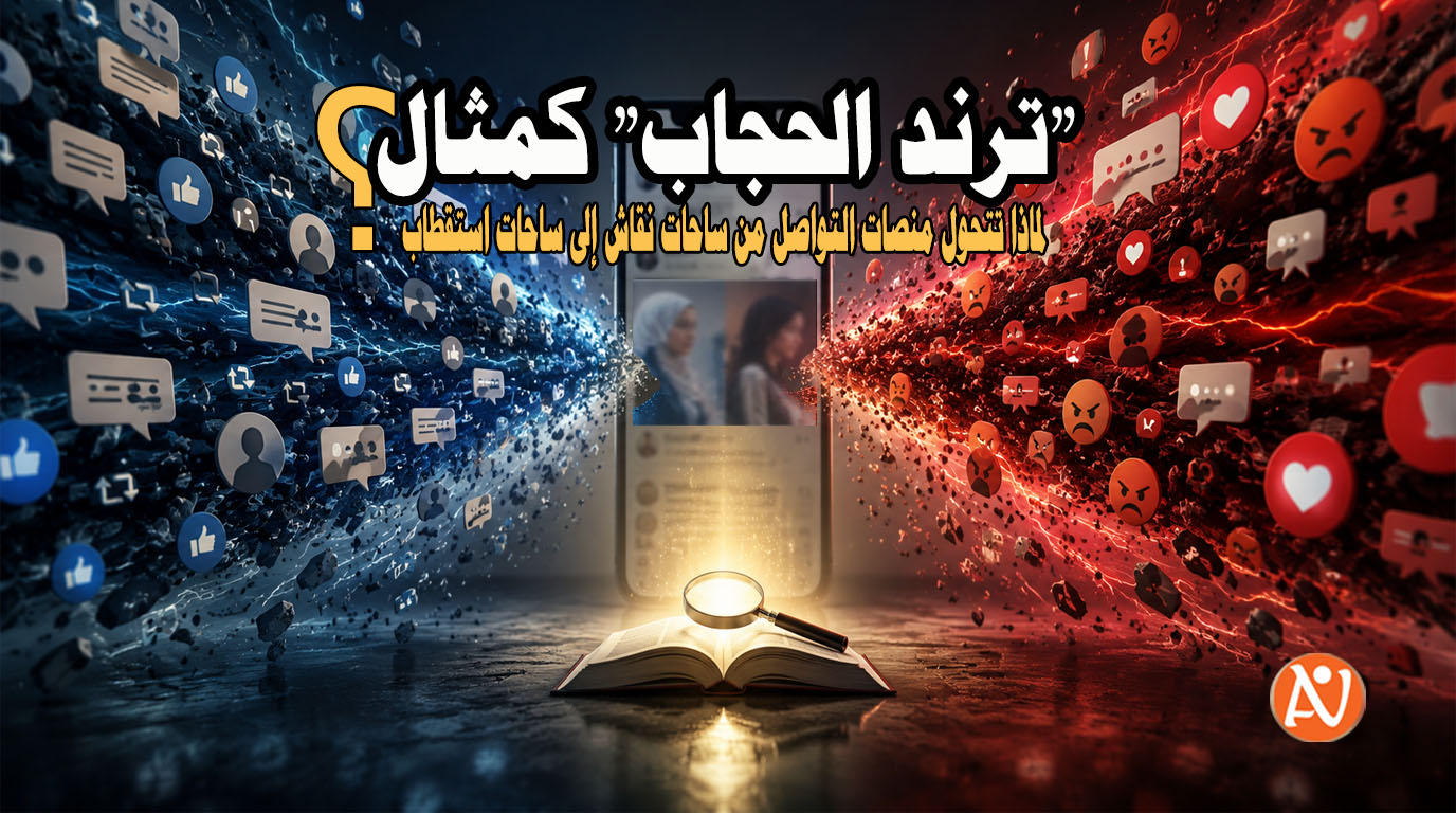 مشهد رمزي لهاتف ذكي تتدفق منه موجتان متعارضتان من التعليقات والتفاعلات على مواقع التواصل بينما تتوارى الحقيقة في المنتصف وسط حالة من الاستقطاب الرقمي.