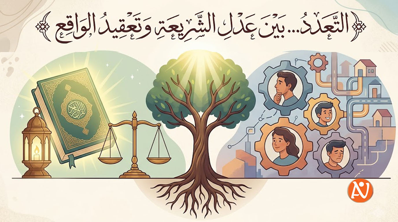 رسم تعبيري يجسد التعدد بين عدل الشريعة (مصحف وميزان) وتعقيد الواقع الاجتماعي (تروس بداخلها وجوه بشرية وطرق متشابكة